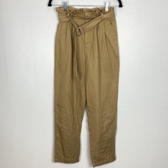 Twik Trousers Womens Small Tan Cotton Paperbag Waist Belted Folded Cuffs Pockets - Picture 1 of 11